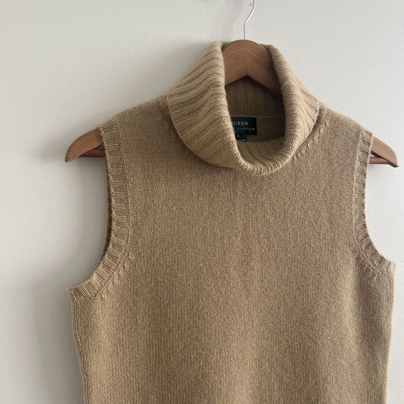 Ralph Lauren Cashmere Sleeveless Turtleneck Sweater S Tan Quiet Luxury Preppy - Picture 3 of 8